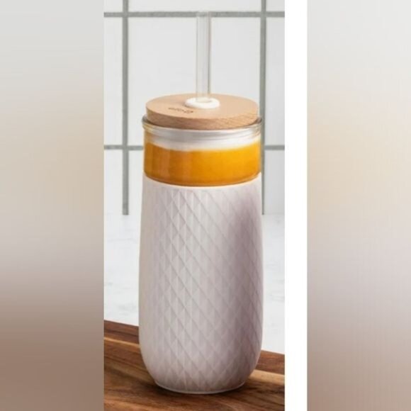 Ello Devon Glass Container Tumbler White Silicone Sleeve Wooden Lid Straw 18 OZ - Picture 13 of 15